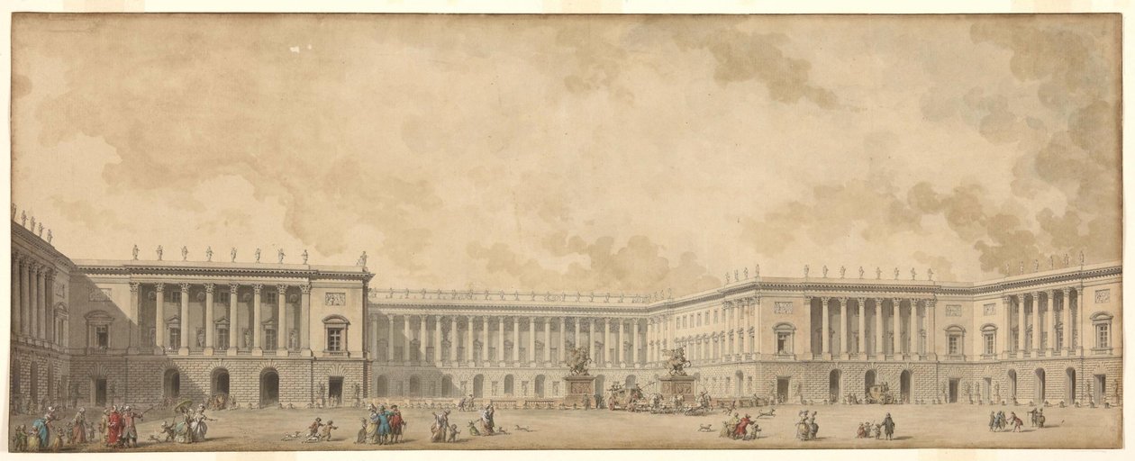 Det første gjenoppbyggingsprosjektet av slottet i Versailles presentert for kong Louis XVI, ca. 1785. av Pierre Adrien Paris