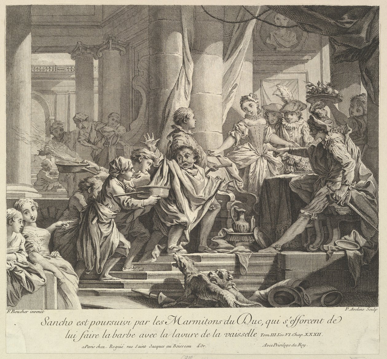 Sancho forfulgt av Kitchen Boys of the Duke, 1700-tallet. av Pierre-Alexandre Aveline