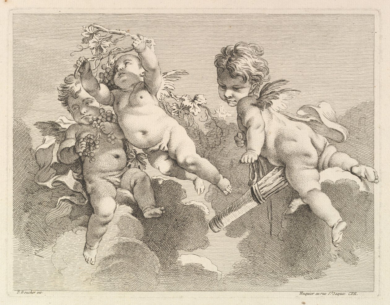 Tre kjærligheter, den ene holder et kogger, den andre, druer, 1727-60. av Pierre Alexandre Aveline