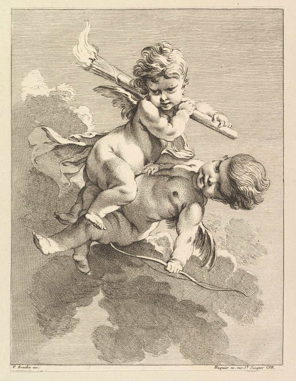 To amoriner, en som bærer en fakkel, en annen en bue, 1727-60. av Pierre Alexandre Aveline