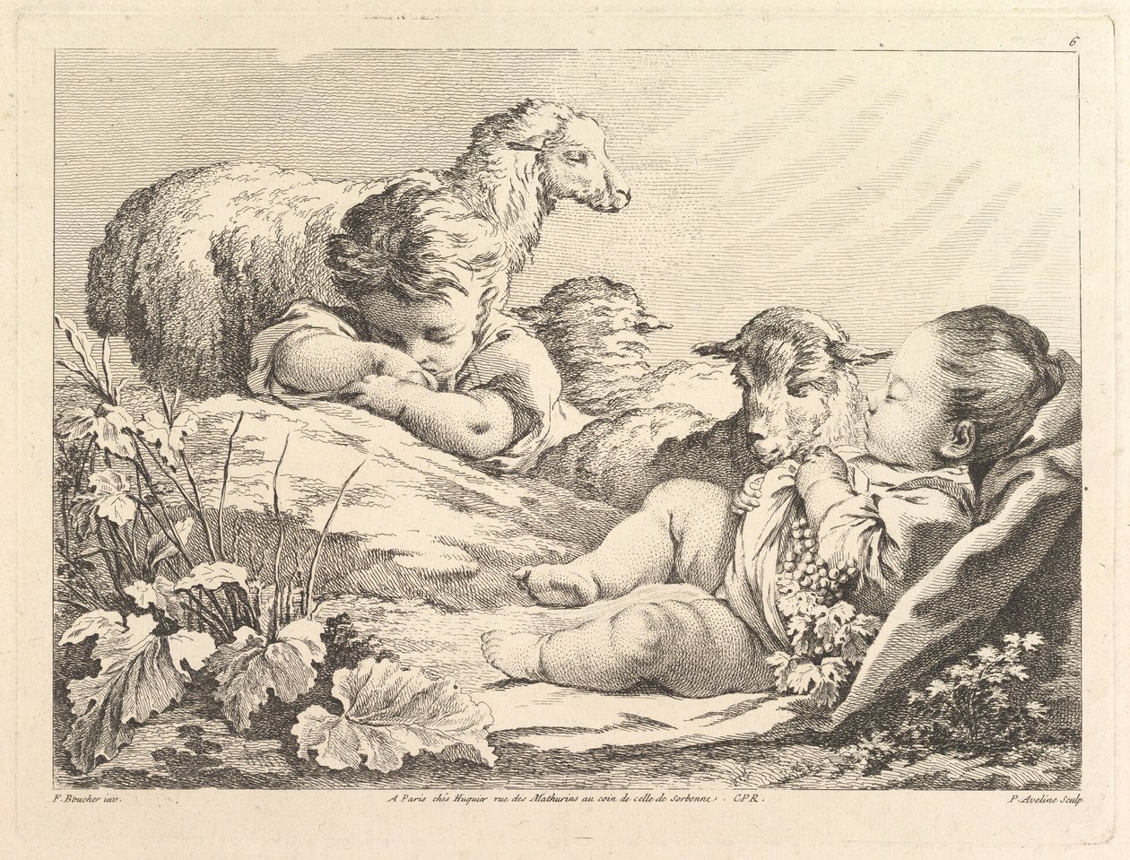 To sovende barn med tre sauer, 1700-tallet. av Pierre Alexandre Aveline