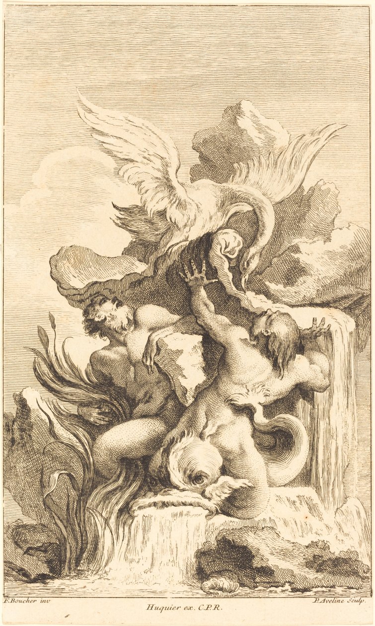 To tritoner og en svane, i eller etter 1736. av Pierre Alexandre Aveline