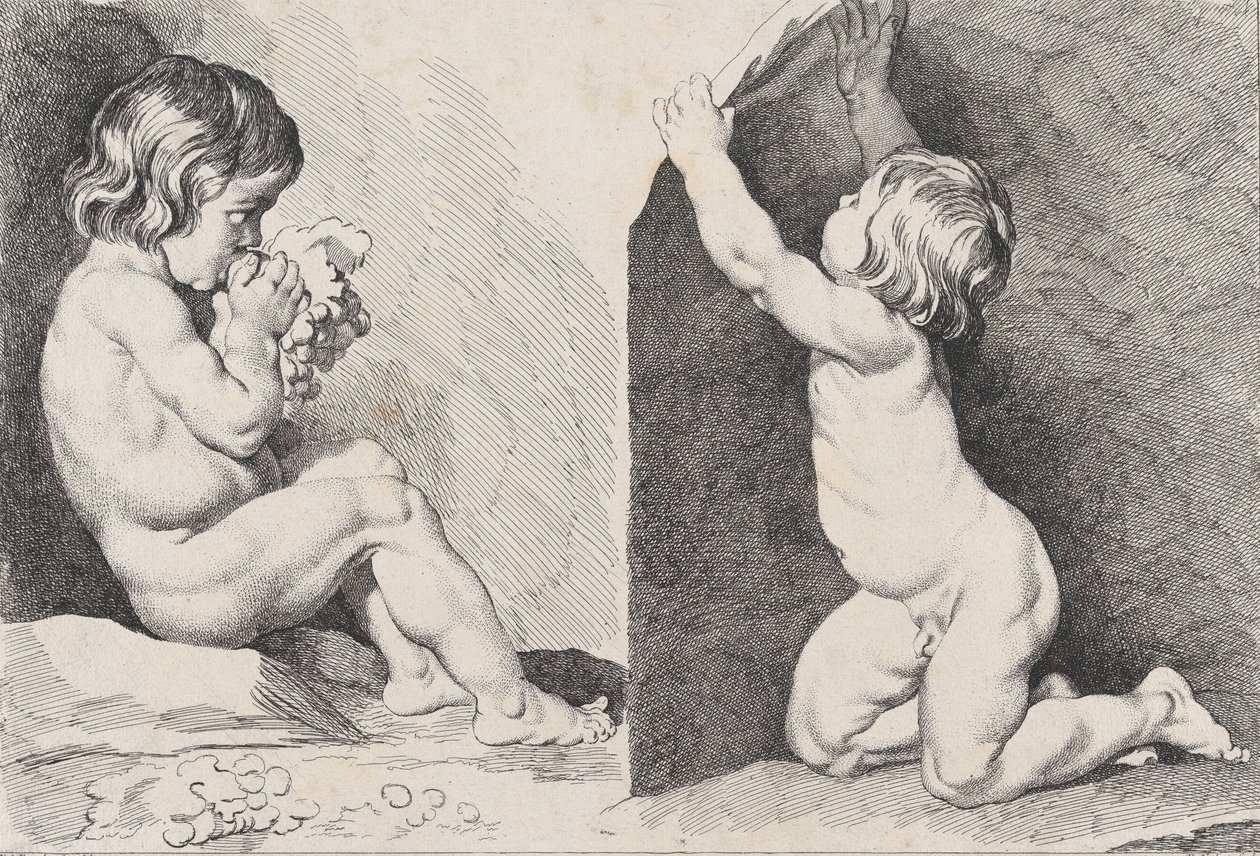 To nakne barn som spiser druer, fra New Book of Children, 1720-60. av Pierre Alexandre Aveline