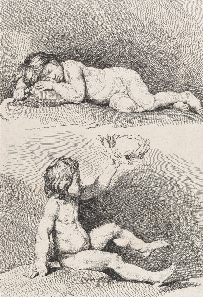 To nakne barn, det ene sover og det andre holder en krans, fra New Book of Childr..., 1720-60. av Pierre Alexandre Aveline