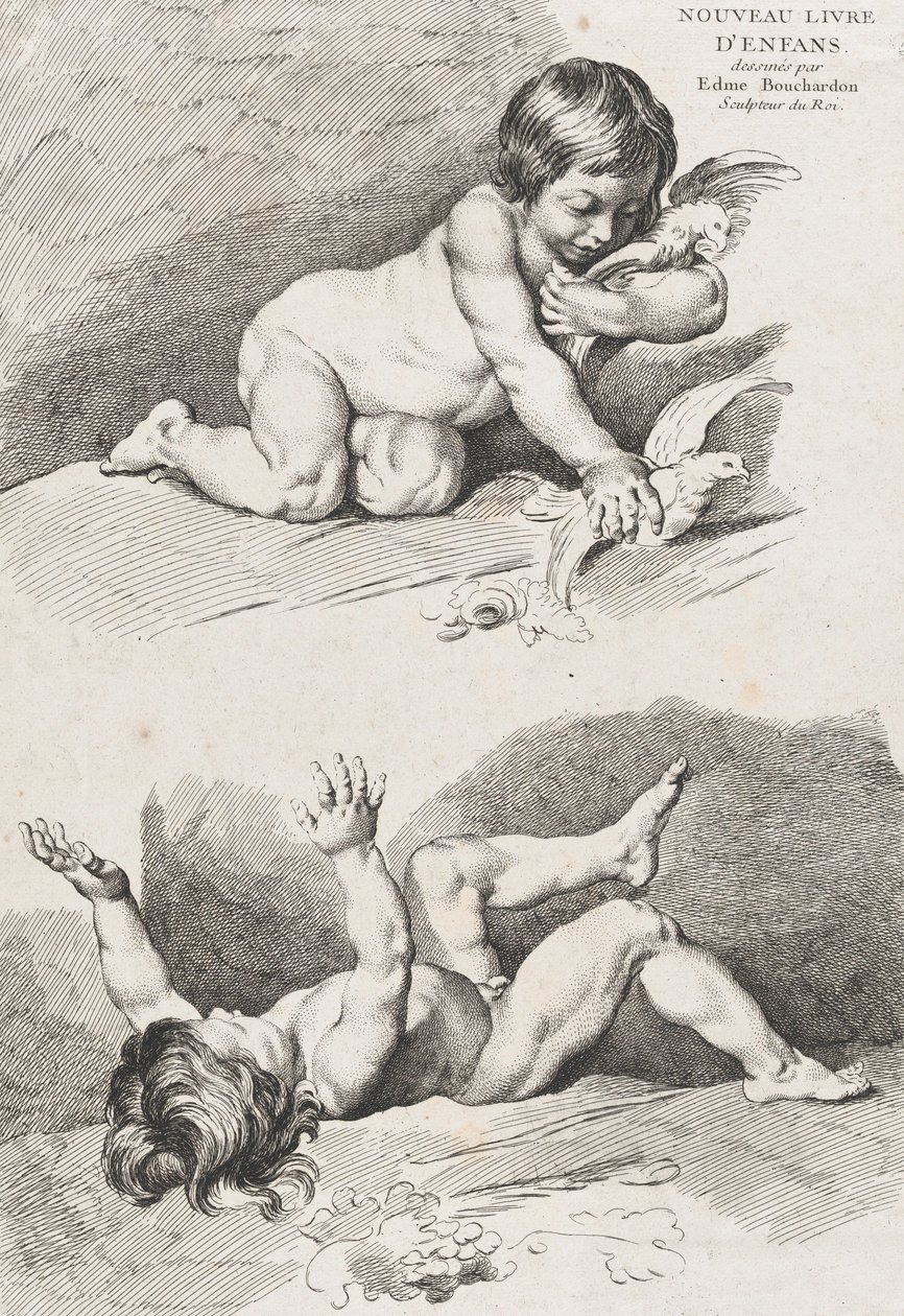 To nakne barn som leker med et blad, fra New Book of Children, 1720-60. av Pierre Alexandre Aveline