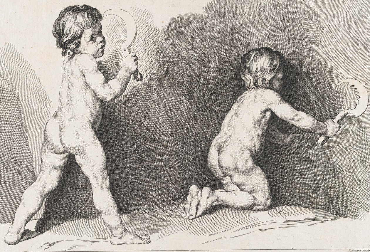 To nakne barn stående, fra New Book of Children, 1720-60. av Pierre Alexandre Aveline