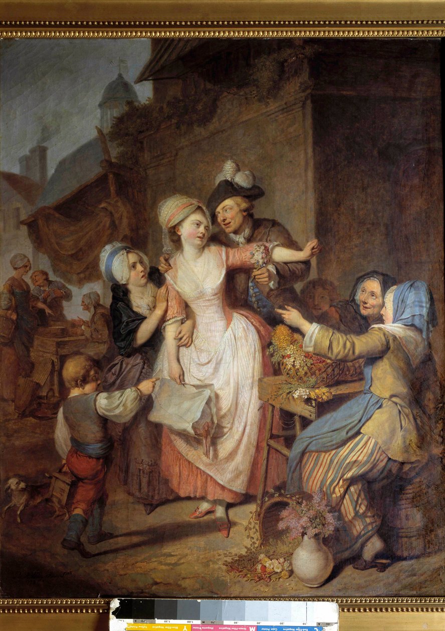 Forførelsen En mann forfører en ung kvinne ved å tilby henne en bukett blomster, en annen kvinne ser ut til å advare henne. Maleri av Pierre-Alexandre Wille dit Wille Fils (1748-1821). 1778. Paris, Museum for dekorativ kunst av Pierre Alexandre Wille