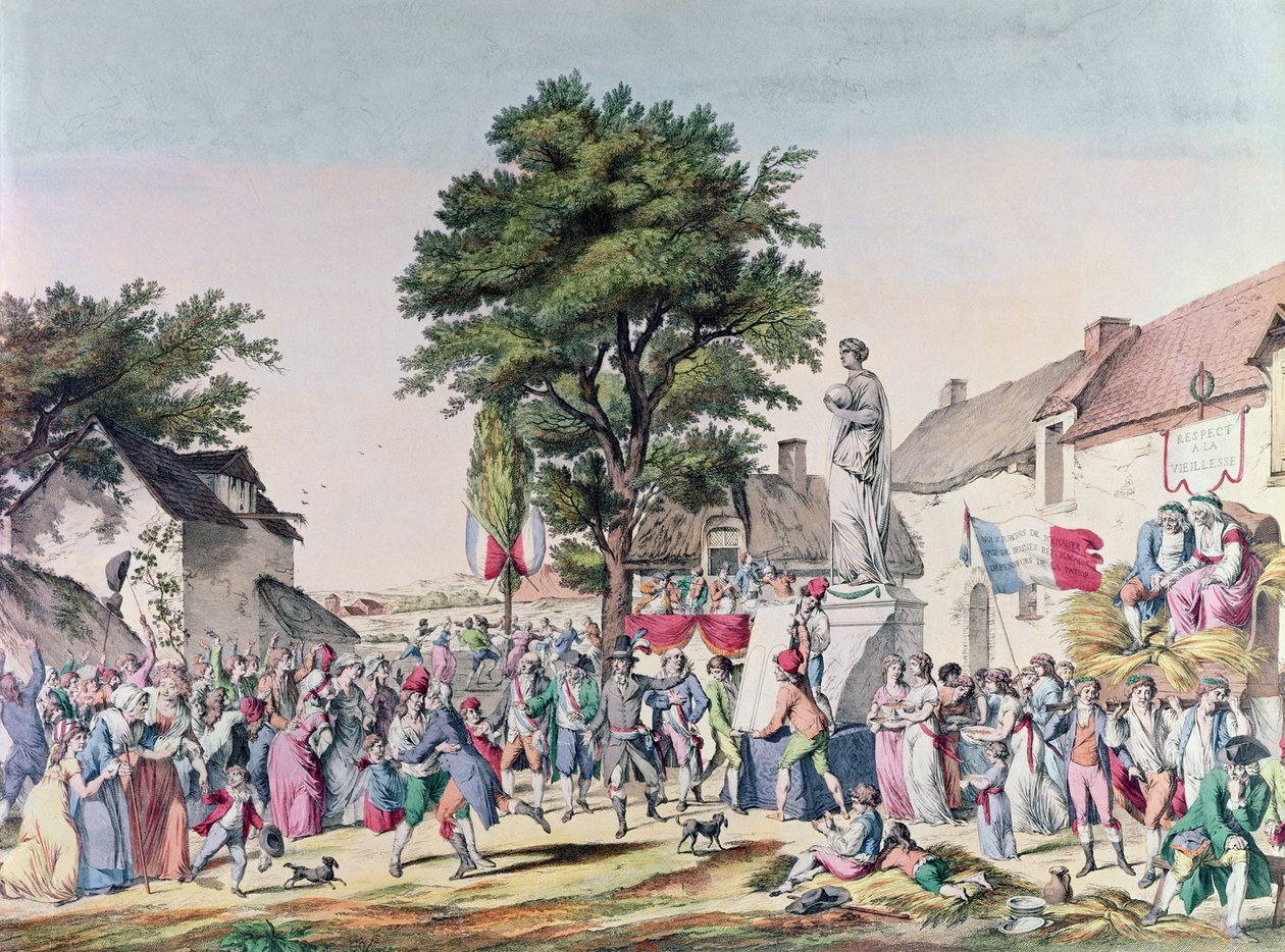 Landsbyfestival til ære for alderdommen på tidspunktet for den franske revolusjonen, 1795 (fargegravering) av Pierre Alexandre Wille