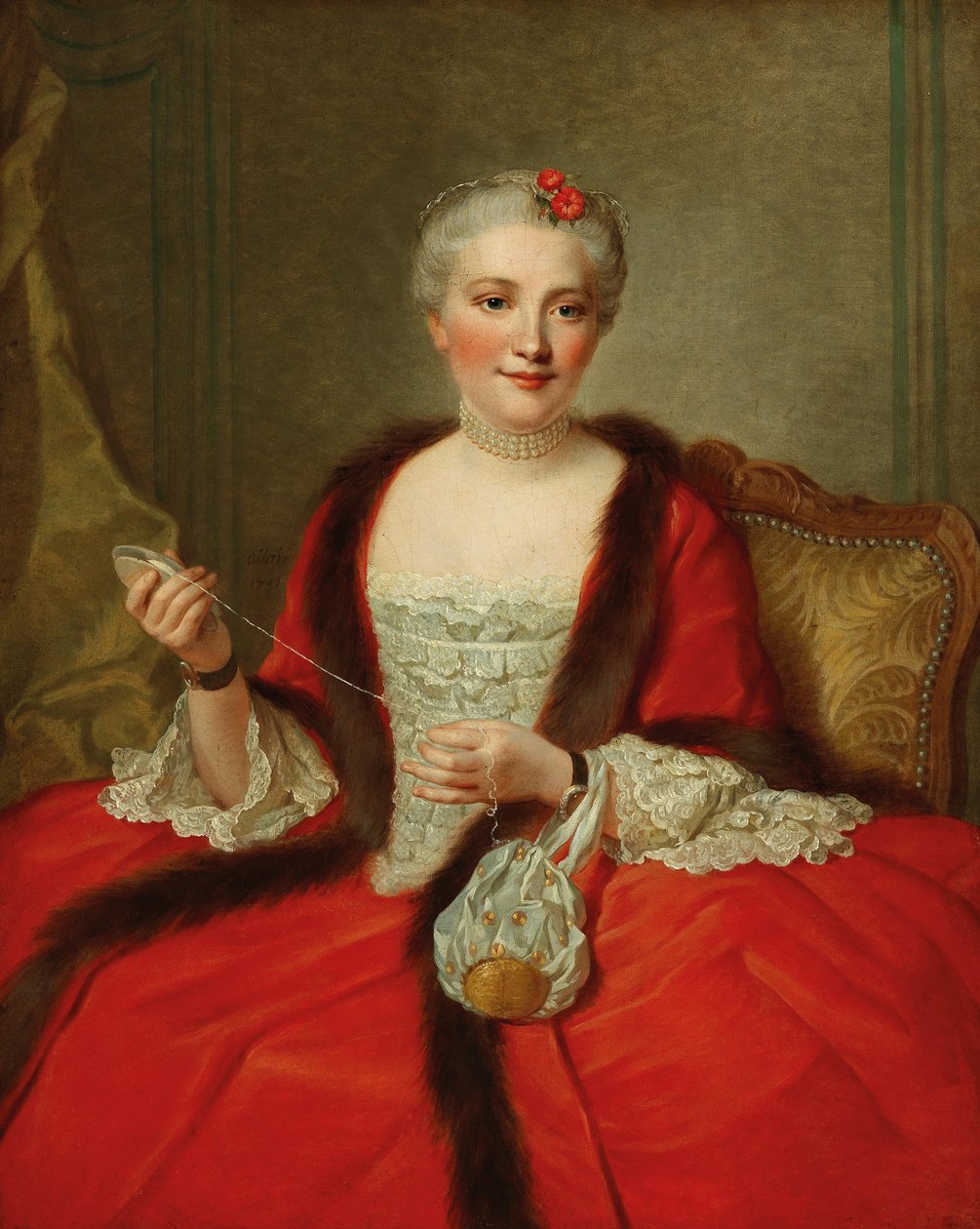 Portrett av en elegant dame som holder en veveskyttel, 1751. av Pierre Allais