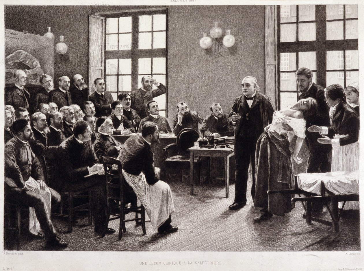En klinisk forelesning av Dr. Charcot ved Salpetriere i 1887. Studenter fra avdelingen til professor Jean Martin Charcot som forklarer saken om Blanche Wittman, hans pasient og marsvin foretrekker hennes forskning på hysteri. Han var assistent for Jo av Pierre Andre (after) Brouillet