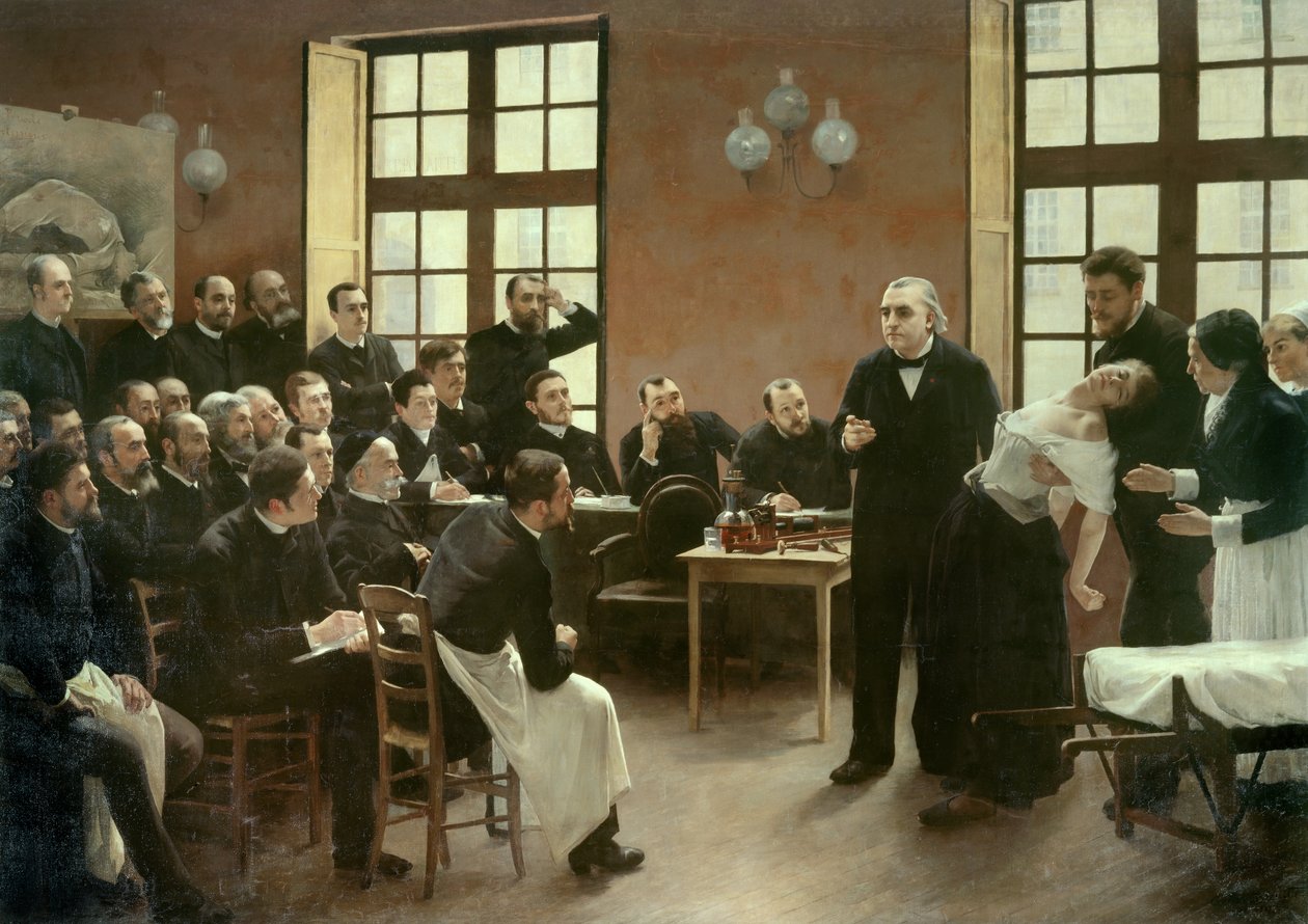 En klinisk forelesning av Dr. Charcot ved Salpetriere i 1887. Studenter ved avdelingen til professor Jean Martin Charcot (1825-1893) som forklarer saken om Blanche Wittman, hans pasient og marsvin foretrekker hennes forskning på hysteri. Han var en assiste av Pierre Andre Brouillet