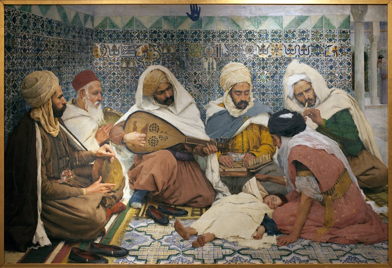 Eksorsisme: Arabiske musikere som jager jinn fra kroppen til et barn. Maleri av Andre Brouillet (1857-1914), Olje på lerret av Pierre Andre Brouillet