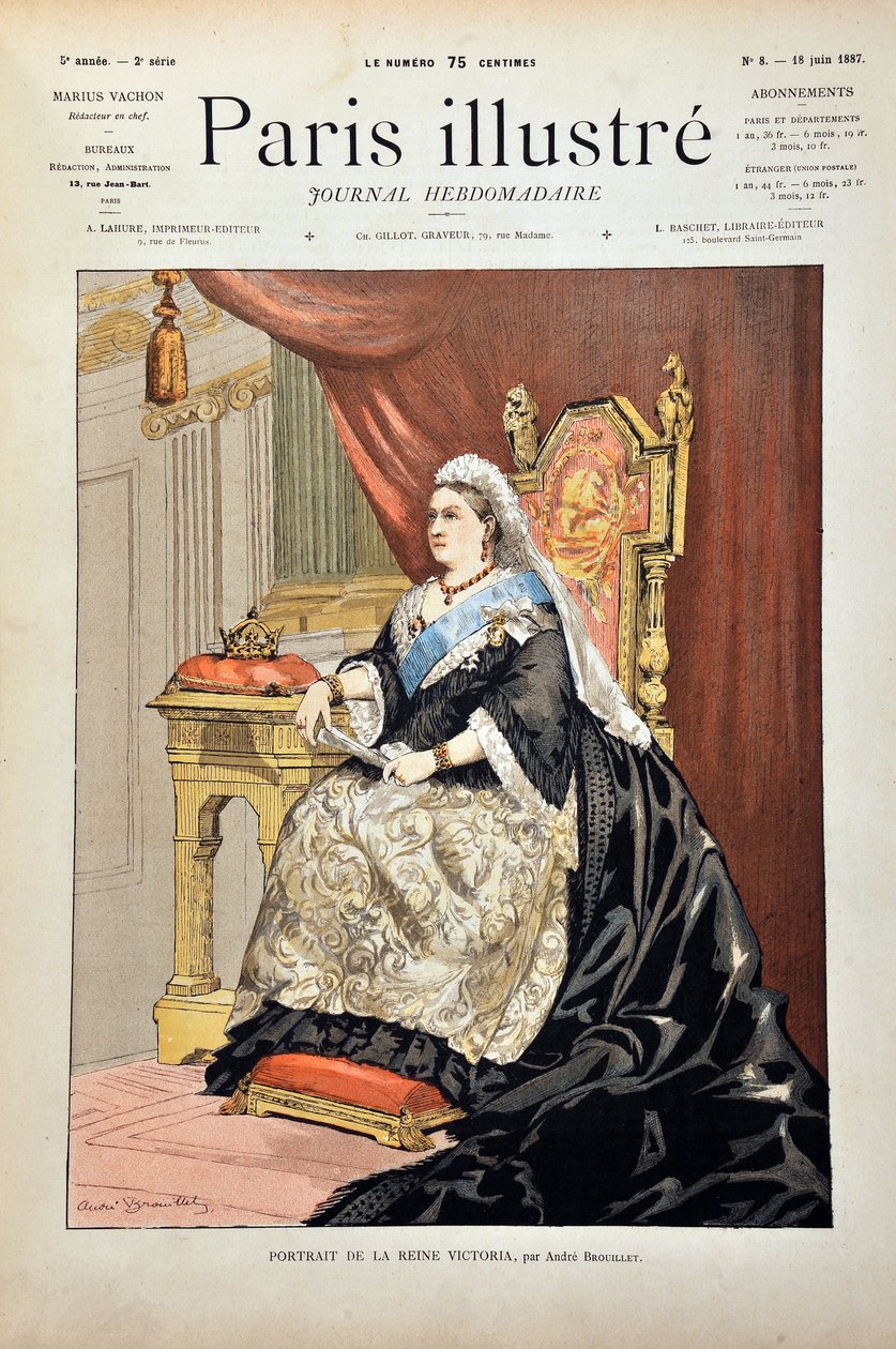 Portrait of Victoria Iere, Queen of England (1819-1901) by Andre Brouillet, Engraving of 1887 in “” Paris-Illustrous journal weekly””. av Pierre Andre Brouillet