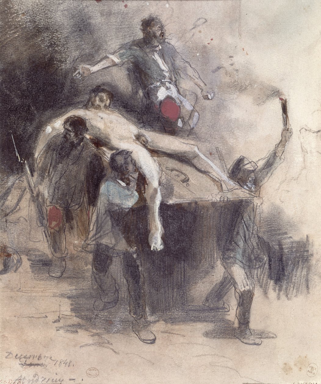 Menn som bærer bort et lik, 23. februar 1848 (gouache) av Pierre Andrieu