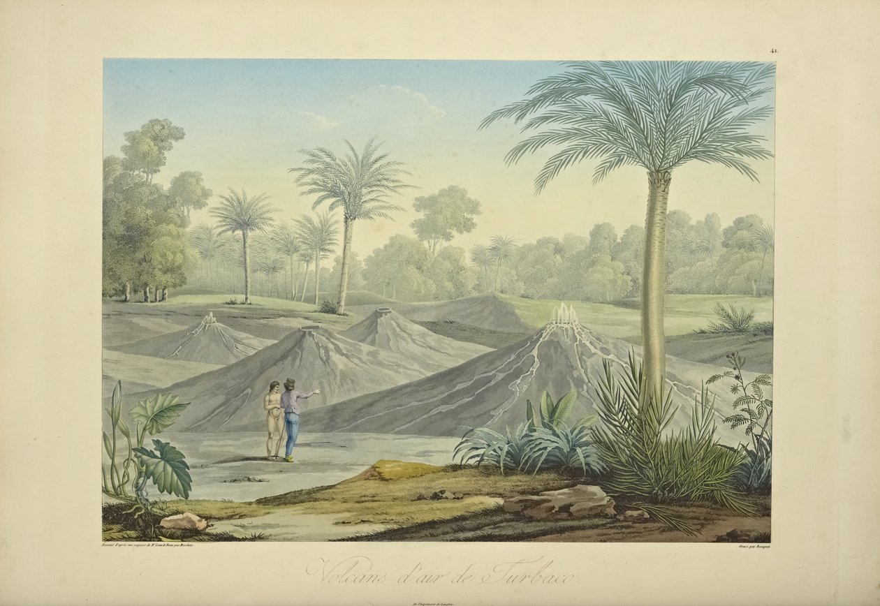 Air Volcanoes of Turbaco, gravert av Bouquet, illustrasjon fra 'Views of the Cordilleras and Monuments of the Native Peoples of America' av Alexander von Humboldt og Aime Bonpland av Pierre Antoine (after) Marchais