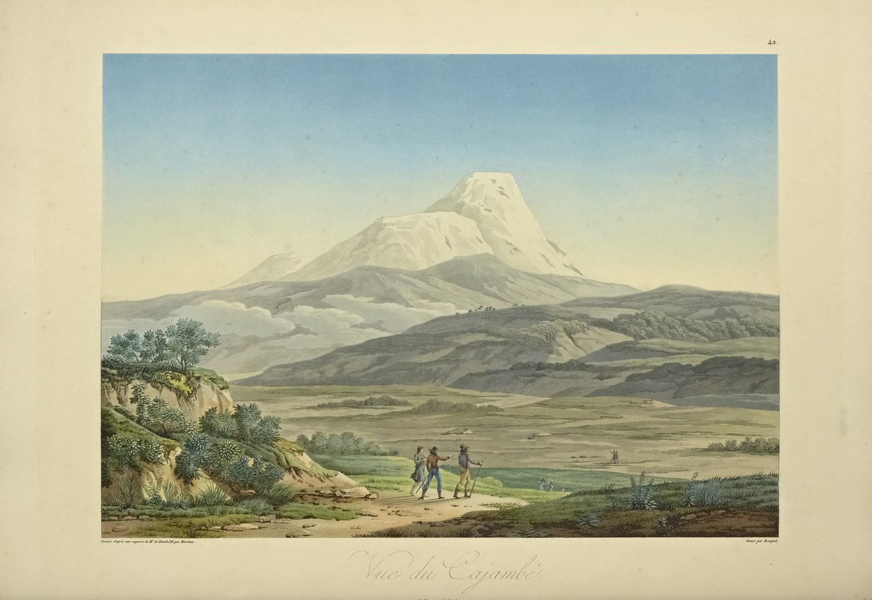 Utsikt over Cajambe, gravert av Bouquet, illustrasjon fra 'Views of the Cordilleras and Monuments of the Native Peoples of America' av Alexander von Humboldt og Aime Bonpland av Pierre Antoine (after) Marchais