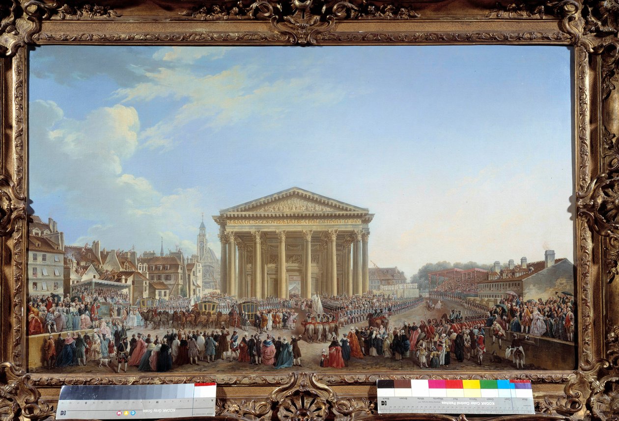 Seremoni for nedlegging av den første steinen til den nye Saint Genevieve-kirken 6.09.1764 nær Pantheon-maleriet av Pierre Demachy (1723-1807) 1765. Dim. 81 x 1,29 m Paris, musee Carnavalet - Seremoni for nedlegging av den første steinen til den nye St Gen av Pierre Antoine Demachy