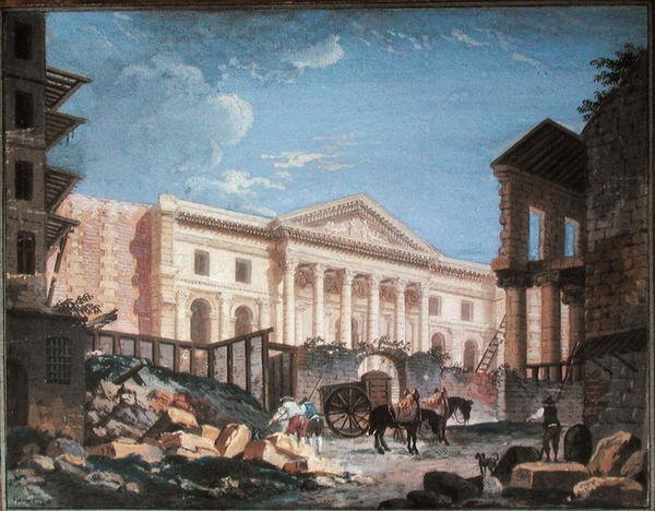 Bygging av Academie de Chirurgie, Paris, ca. 1780-89 (gouache på papir) av Pierre Antoine Demachy