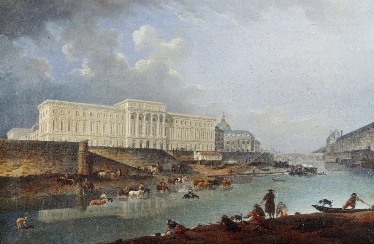 Hôtel de la Monnaie, Quai de Conti og Seinen, sett fra Pointe de la Cité, 1777. av Pierre Antoine Demachy