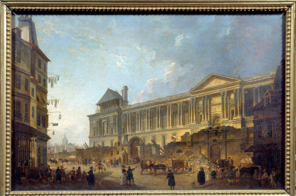 Utsikt over søylegangen i Louvre-gatescenen med byggeplass foran Palais du Louvre. Maleri av Pierre Antoine Demachy (1723-1807) 1772 av Pierre Antoine Demachy