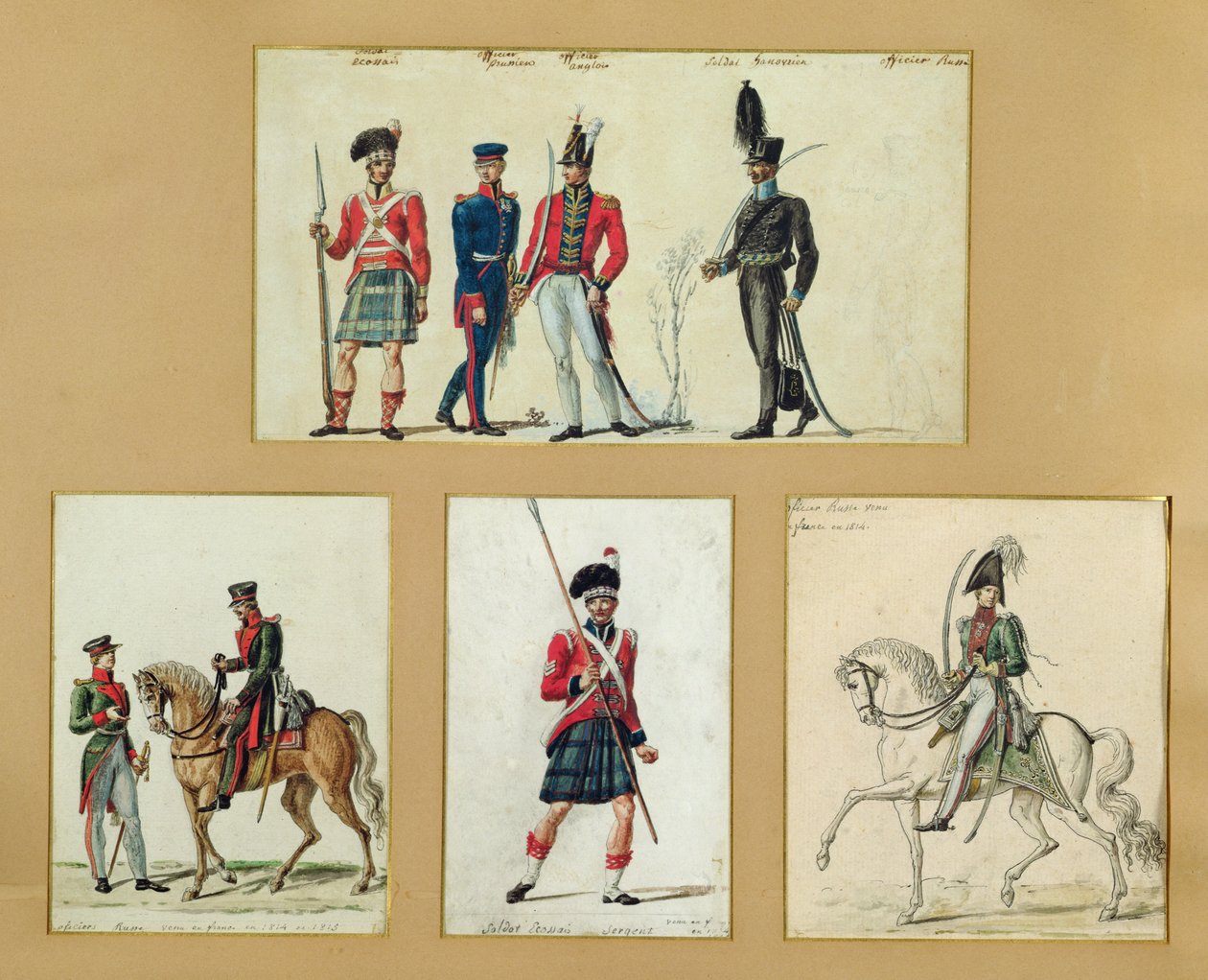 Uniformene til skotske soldater og prøyssiske, engelske, hannoveranske og russiske offiserer i 1814 av Pierre Antoine Lesueur