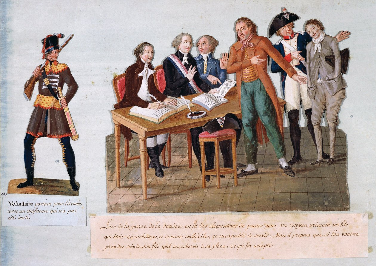 Frivillige på vei for å melde seg til hæren for krigen i Vendee (1792-1793) (gouache på papir) av Pierre Antoine Lesueur