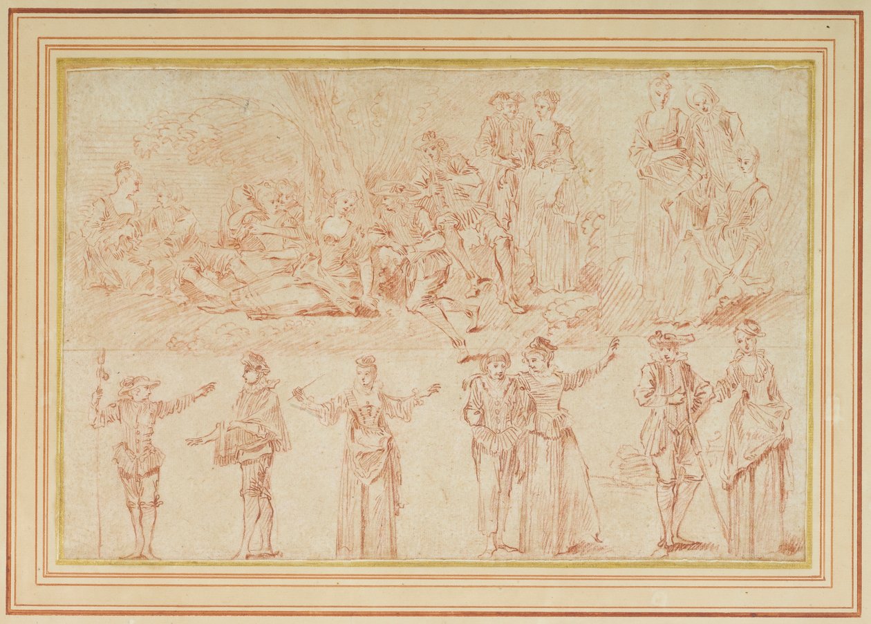 To fetes galantes og studier av enkeltfigurer og par (rødt kritt på papir) av Pierre Antoine Quillard