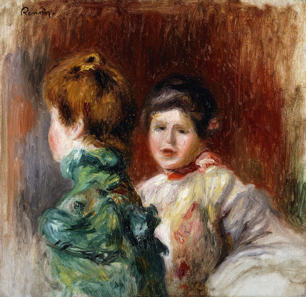 En skisse av hodene til to kvinner; Esquisse, Deux Tetes de Femmes, 1895 av Pierre Auguste Renoir