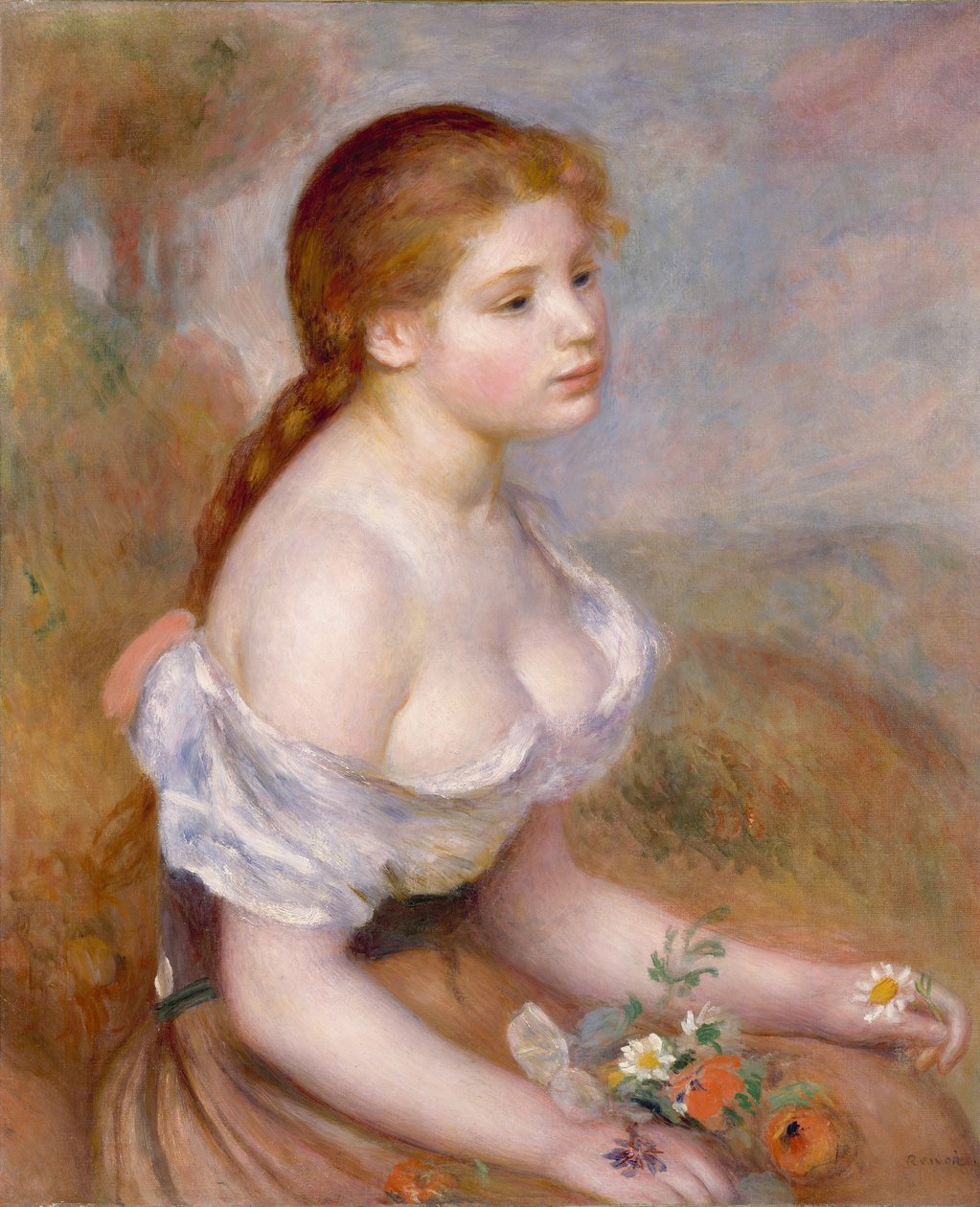En ung jente med tusenfryd av Pierre Auguste Renoir