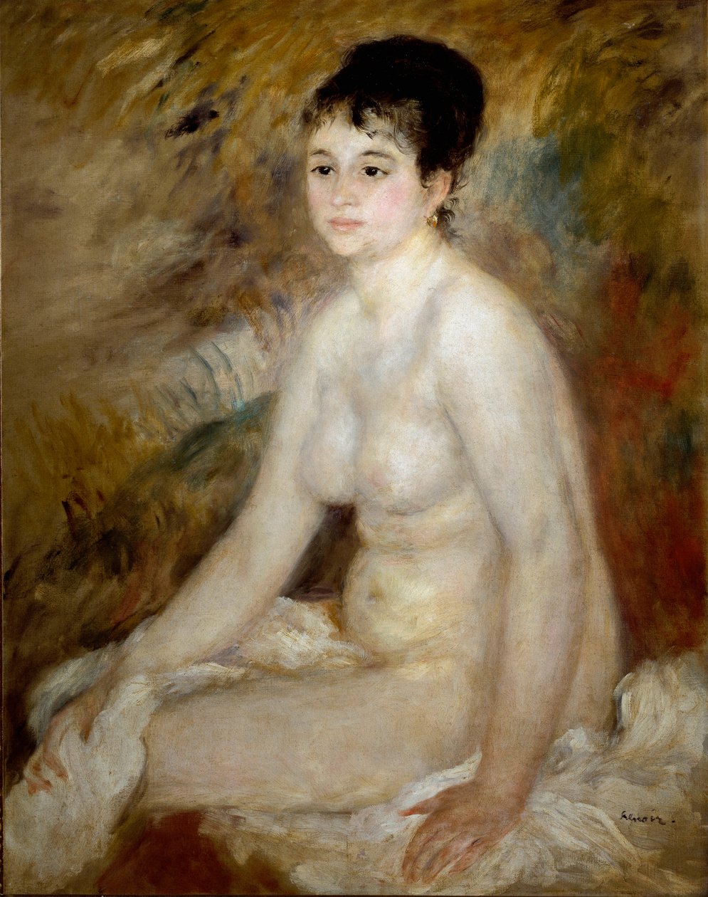 Etter badet. Portrett av en naken kvinne som sitter. Maleri av Pierre Auguste Renoir (Pierre-Auguste av Pierre Auguste Renoir