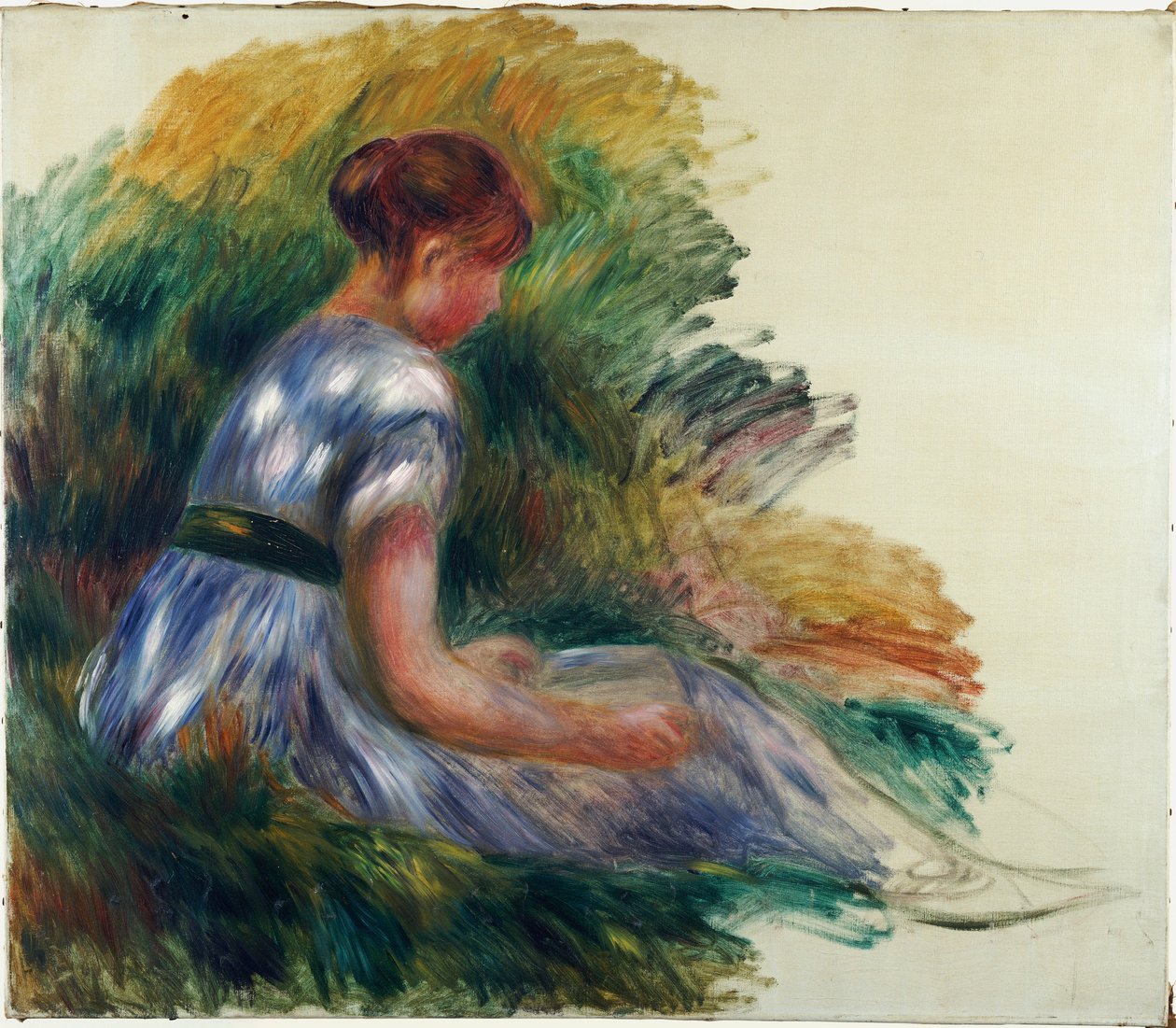 Alice Gamby in the Garden, Young Girl Sitting in the Grass, 1891 av Pierre Auguste Renoir