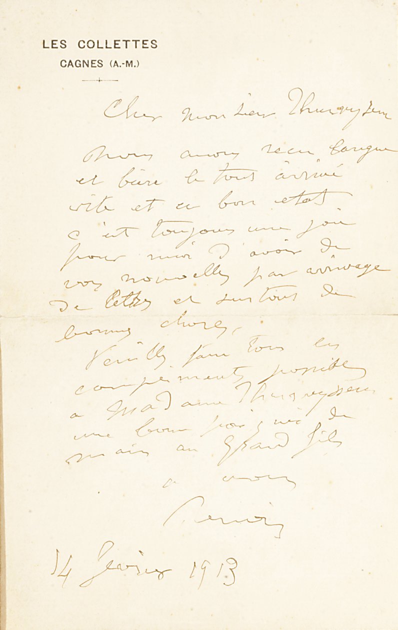 Autografbrev signert til Dr. Fritz Thurneyssen, Paris og Les Collettes, 24. juni 1908 av Pierre Auguste Renoir