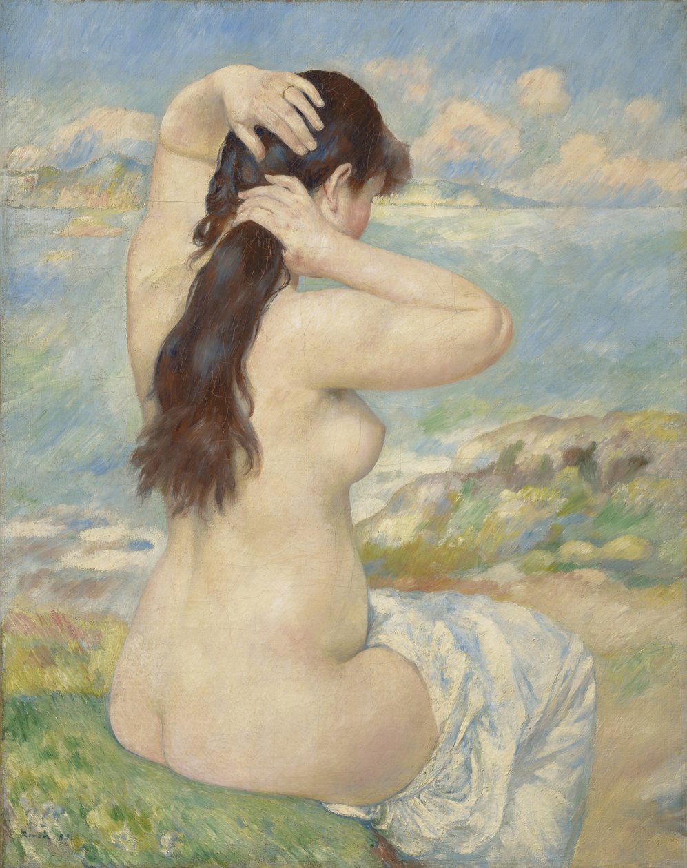 Bather ordner håret sitt, 1885 av Pierre Auguste Renoir