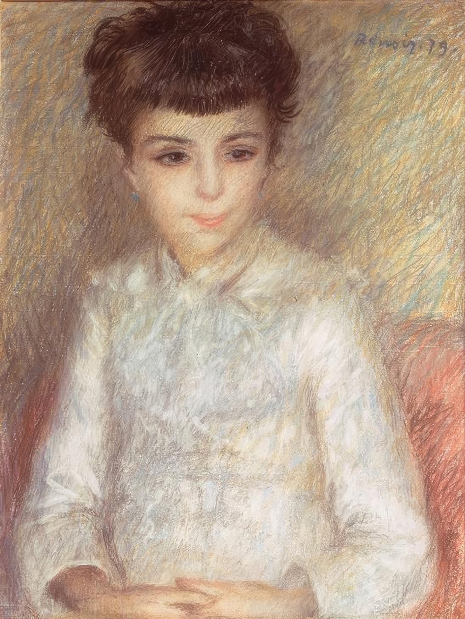 Portrett av en ung jente med brunt hår av Pierre Auguste Renoir