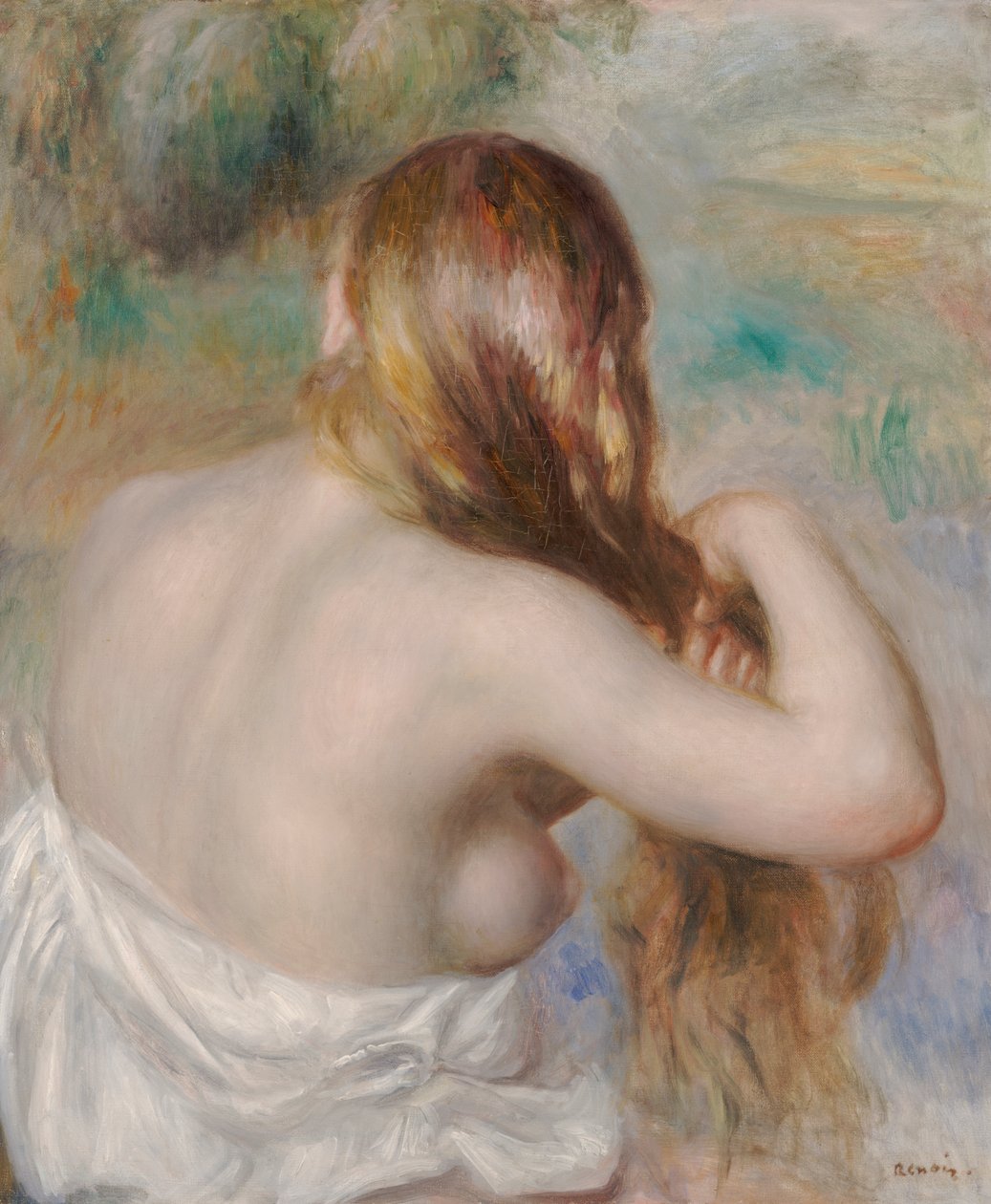 Blond som fletter håret av Pierre Auguste Renoir