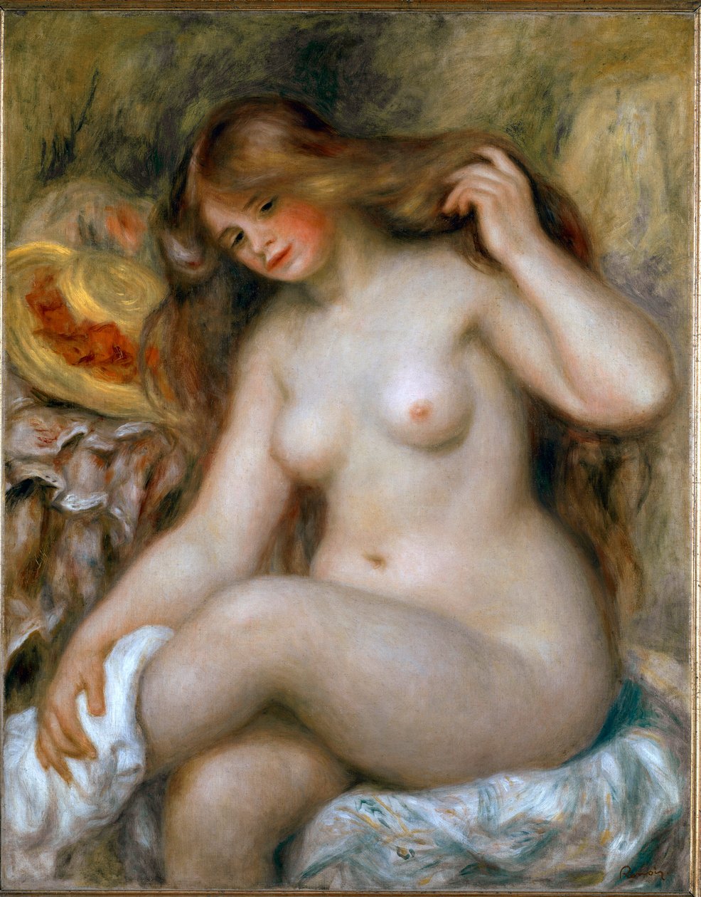 Blond badegjester. Naken kvinne med veldig langt hår. Maleri av Pierre Auguste Renoir (Pierre-Auguste av Pierre Auguste Renoir