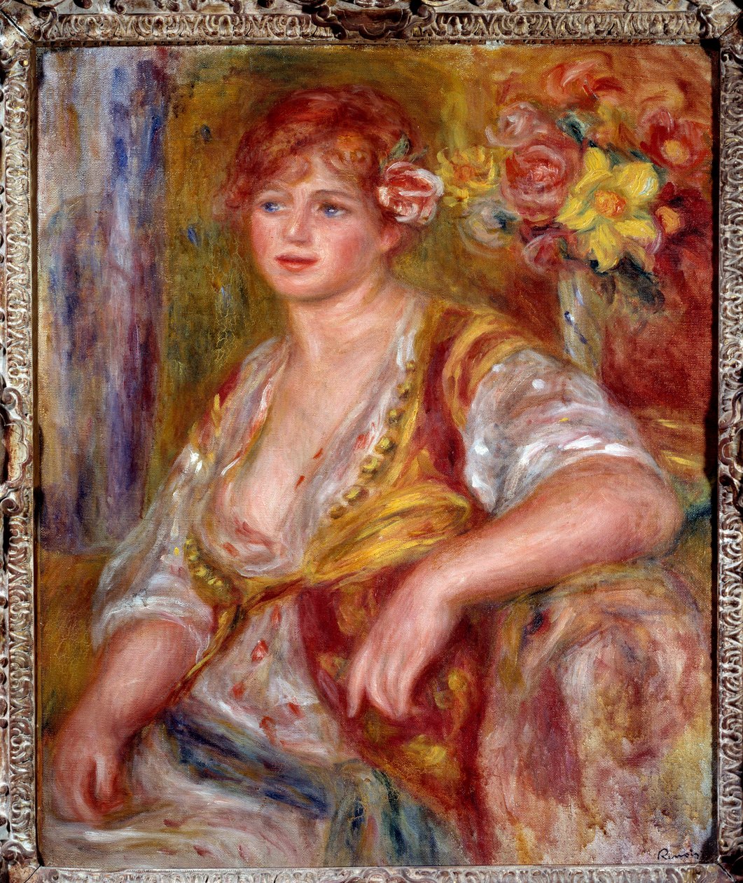 Blond har rosen. Portrett av Andree Madeleine Heuschling (1900-1979) med kallenavnet "Dedee", en komiker kjent som Catherine Hessling (hun giftet seg med Jean Renoir i 1920). Maleri av Pierre Auguste Renoir (1841-1919), ca. 1915. Olje på lerret.  av Pierre Auguste Renoir