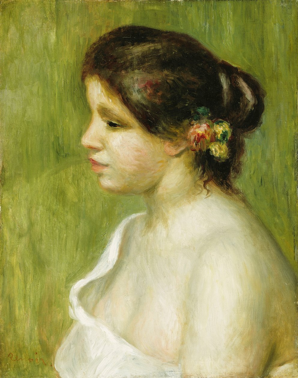 Byste av en ung jente med blomster som pynter øret hennes, 1898 av Pierre Auguste Renoir