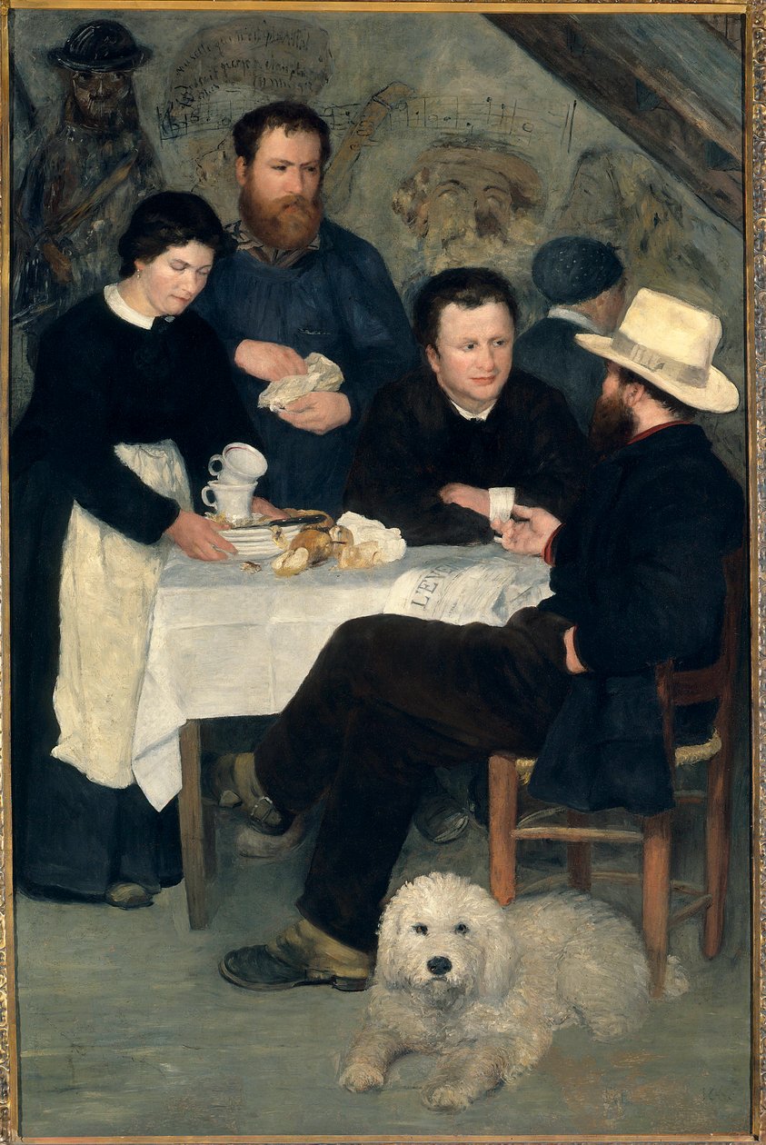 Chez la Mere Antony a Marlotte (Bourron-Marlotte (77)): Claude Monet, Alfred Sisley og Charles Le Coeur rundt bordet med Mere Anthony, Maleri av Pierre Auguste Renoir (1841-1919) av Pierre Auguste Renoir