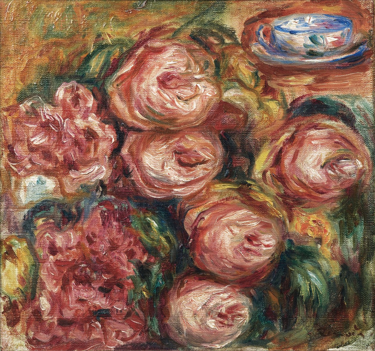 Komposisjon med roser og en kopp te av Pierre Auguste Renoir