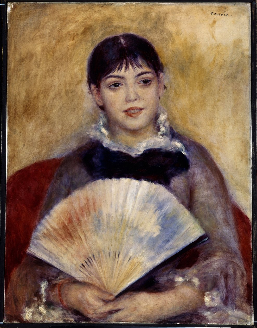 Jente med fan (Alphonsine Fournaise). Maleri av Pierre Auguste Renoir (1841-1919) av Pierre Auguste Renoir