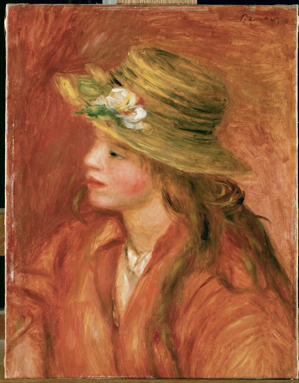 Liten jente med stråhatt (olje på lerret) av Pierre Auguste Renoir