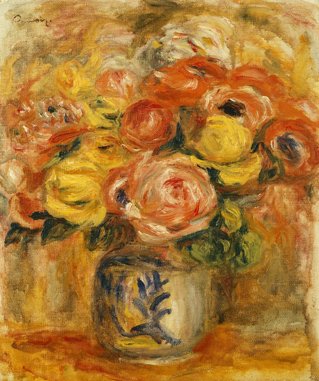 Blomster i en blå og hvit vase; Blomster i en blå og hvit vase, 1915 av Pierre Auguste Renoir