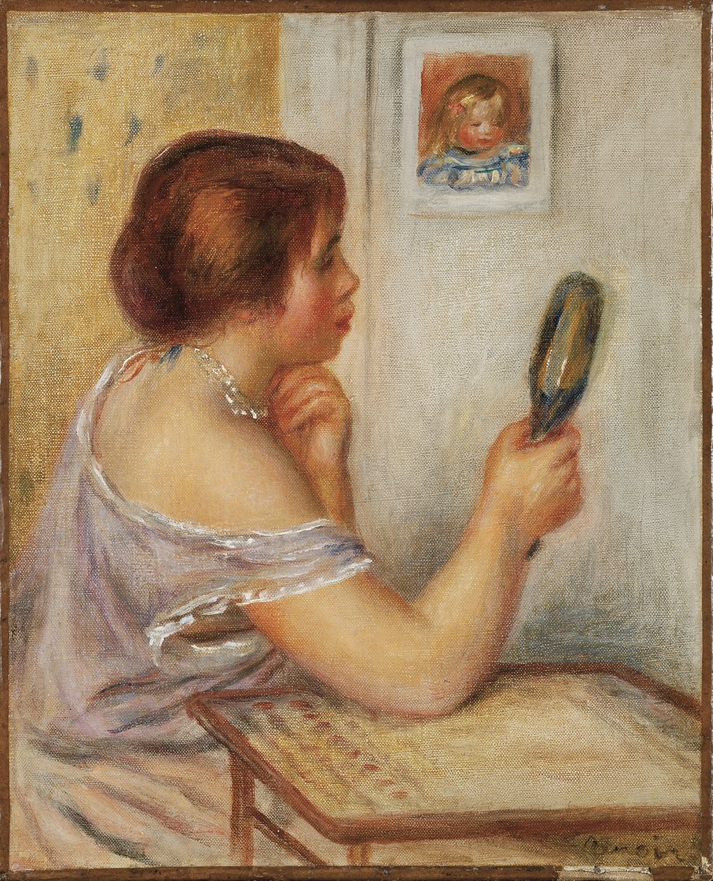 Gabrielle holder et speil eller Marie Dupuis holder et speil med et portrett av Coco, tidlig på 1900-tallet av Pierre Auguste Renoir