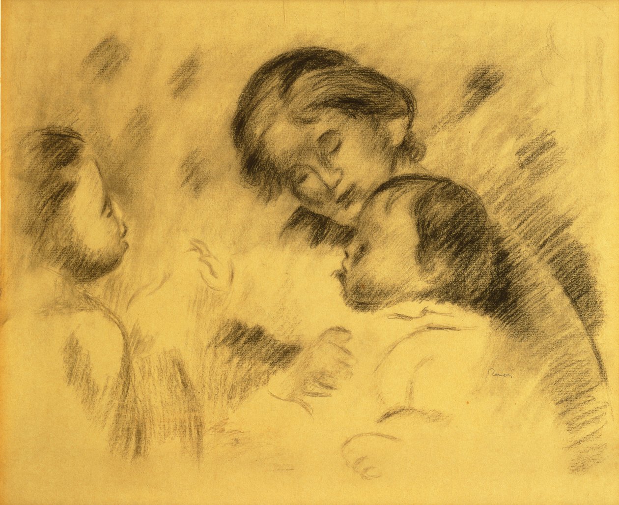 Gabrielle Renard med Jean Renoir og en liten jente, ca. 1895-96 (svart kritt om bord) av Pierre Auguste Renoir