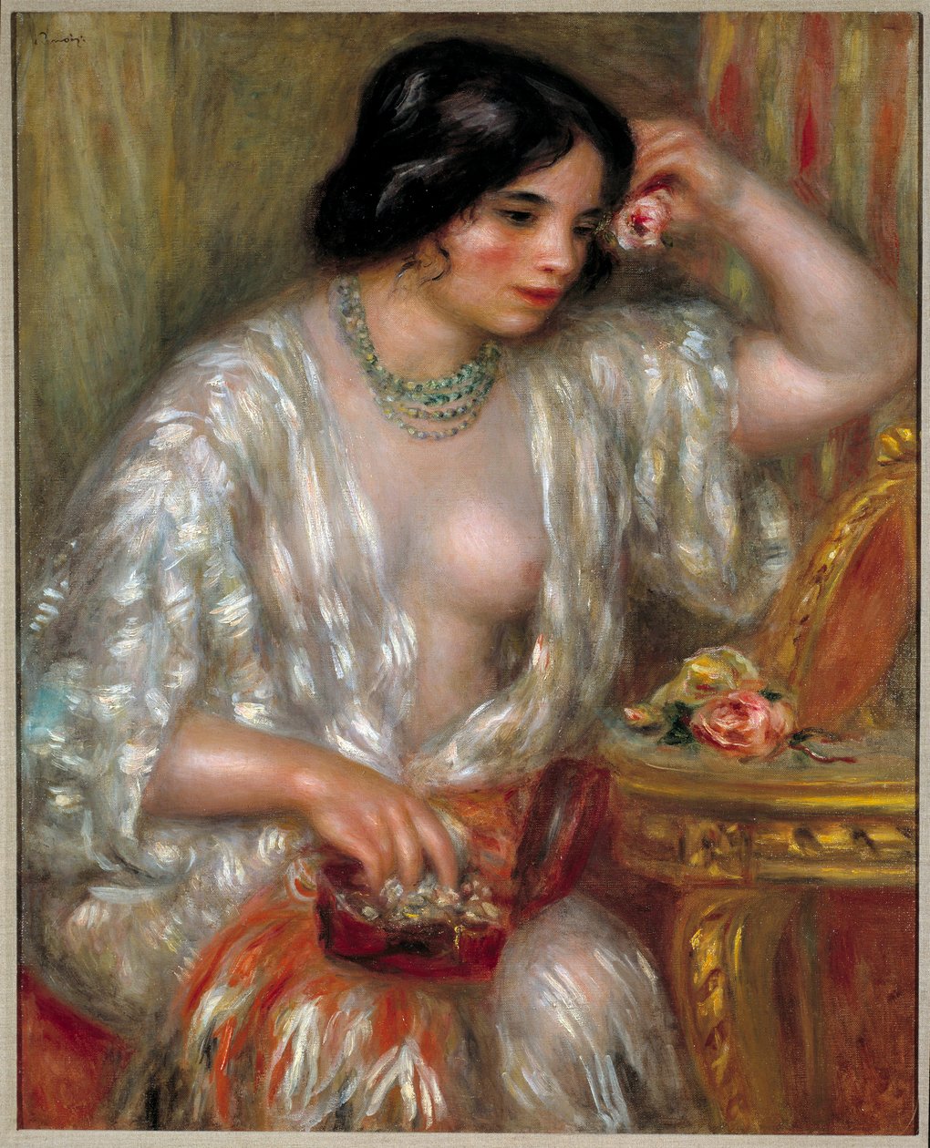 Gabrielle med smykker: Gabrielle Renard, sykepleier til kunstnerens sønn. Maleri av Pierre Auguste Renoir (1841-1919) av Pierre Auguste Renoir