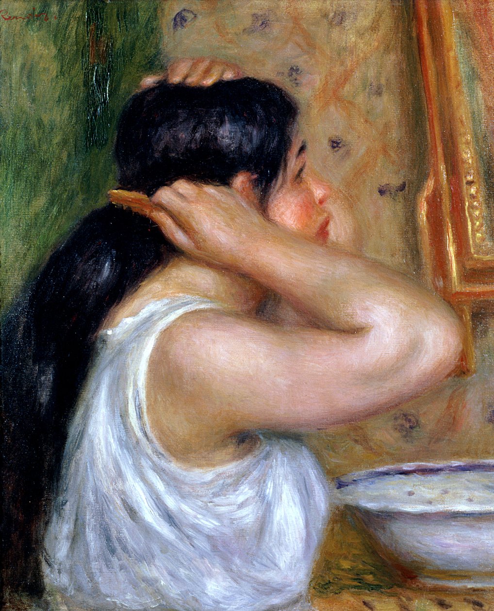 Jente som kjemmer håret, 1907-8 av Pierre Auguste Renoir