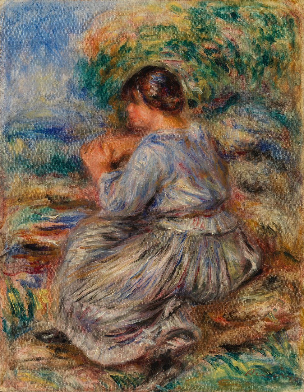 Jente sitter i et landskap av Pierre Auguste Renoir