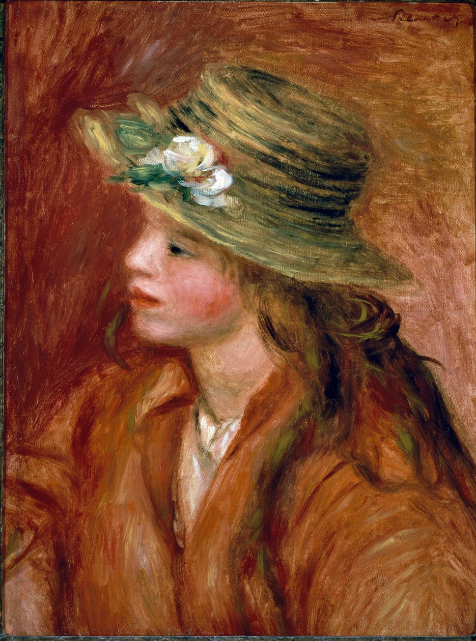 Jente i stråhatt. Maleri av Pierre Auguste Renoir (Pierre-Auguste av Pierre Auguste Renoir