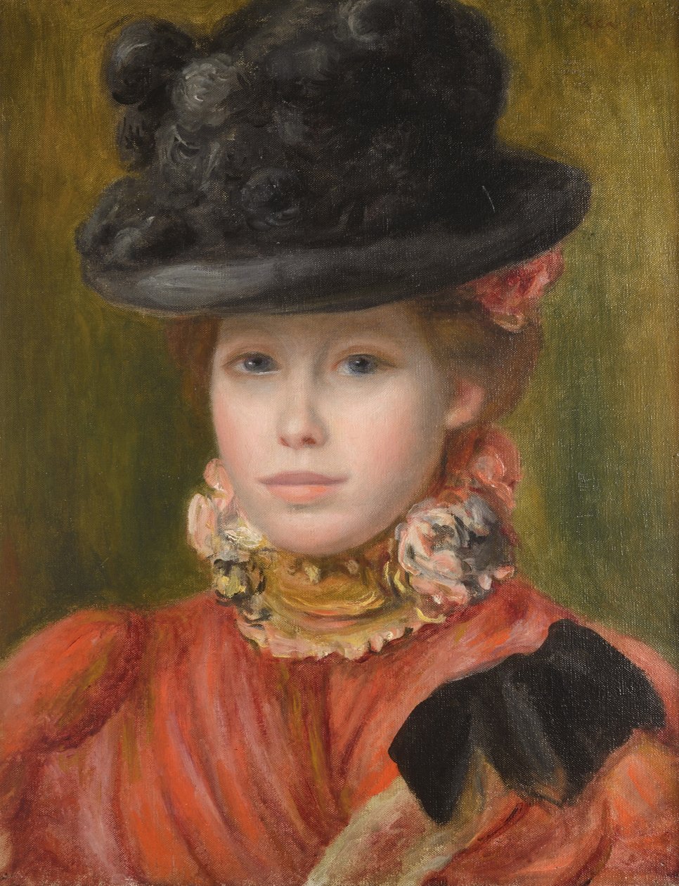 Jente i svart hatt med røde blomster, ca. 1890 av Pierre Auguste Renoir